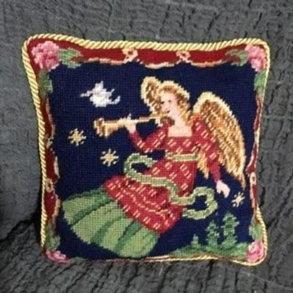 Vintage Needlepoint Angel Christmas Throw Pillow - Picture 1 of 6